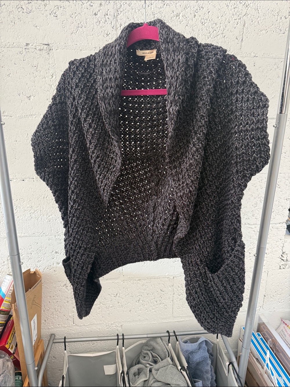 DKNY Cozy Open-Front Chunky Cardigan Sweater - Charcoal Gray - Size Medium